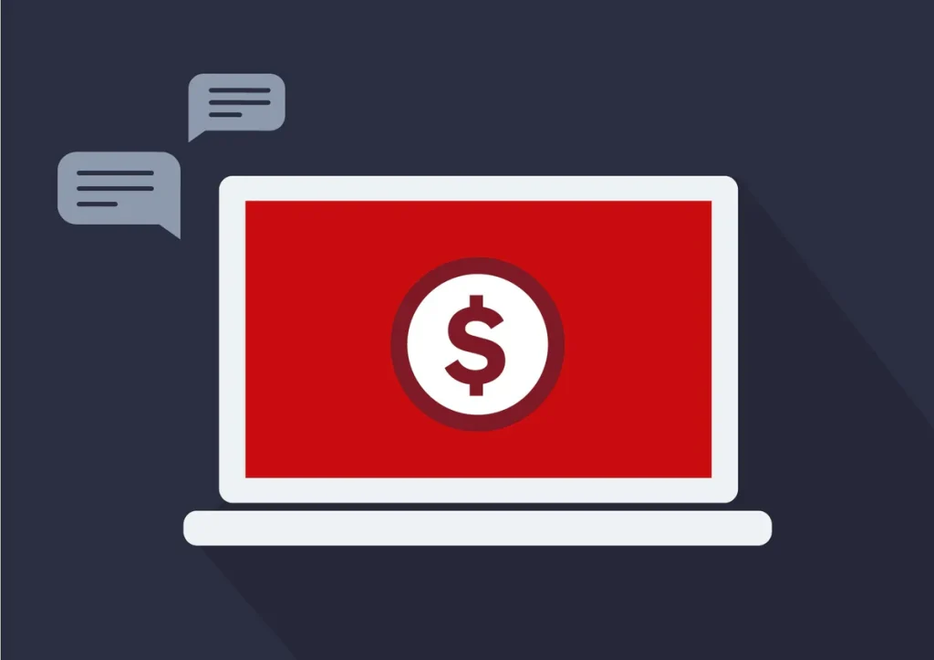 Illustration d’un ordinateur portable affichant un symbole de dollar sur un écran rouge, représentant un sujet lié à la finance en ligne ou aux webinaires financiers. Deux bulles de dialogue flottent à côté, suggérant une communication ou une présentation virtuelle.